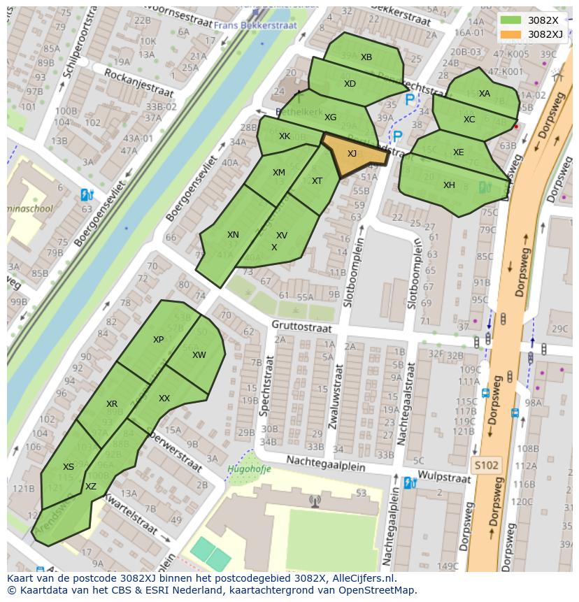 Afbeelding van het postcodegebied 3082 XJ op de kaart.