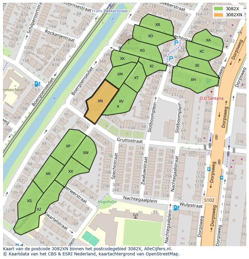 Afbeelding van het postcodegebied 3082 XN op de kaart.