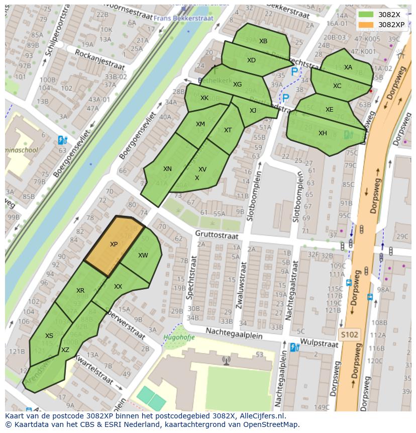 Afbeelding van het postcodegebied 3082 XP op de kaart.