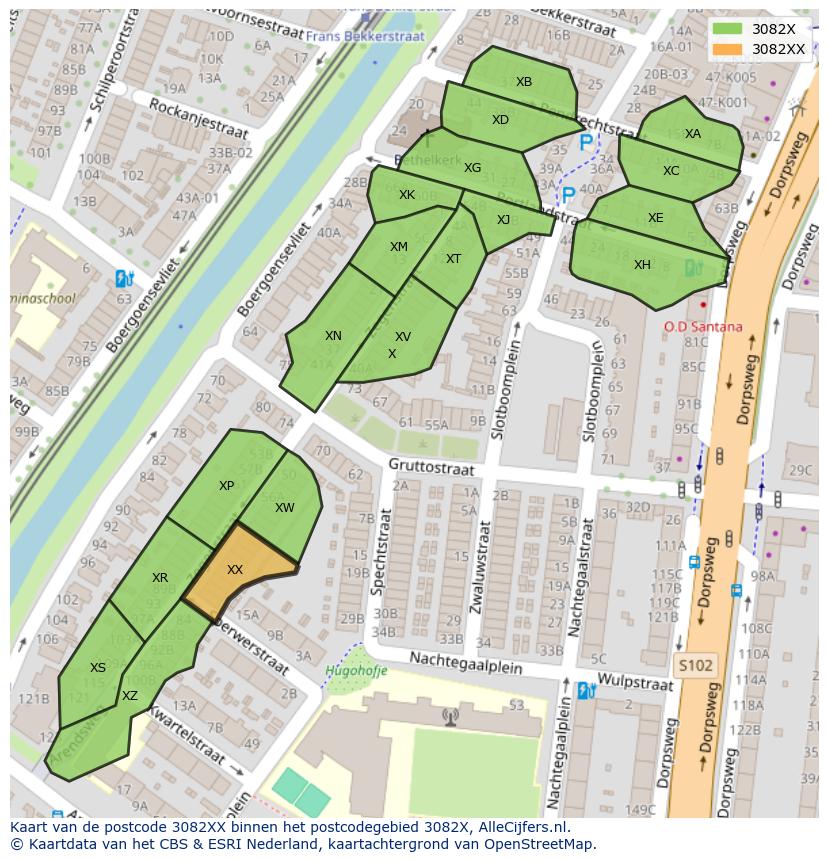 Afbeelding van het postcodegebied 3082 XX op de kaart.