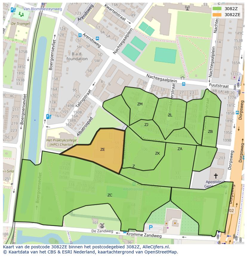 Afbeelding van het postcodegebied 3082 ZE op de kaart.
