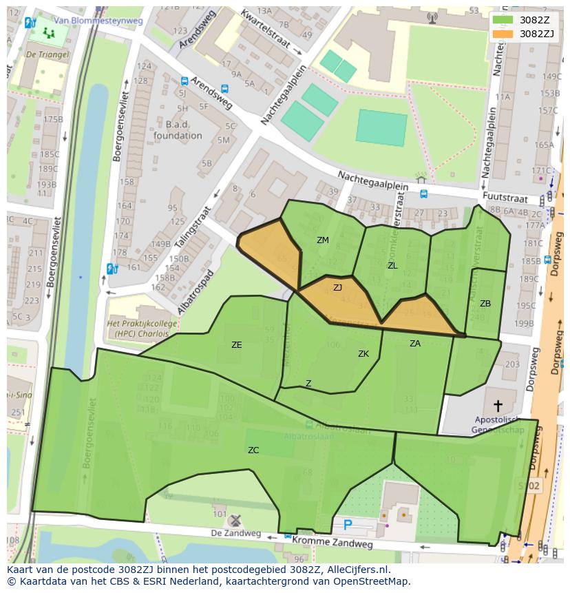 Afbeelding van het postcodegebied 3082 ZJ op de kaart.