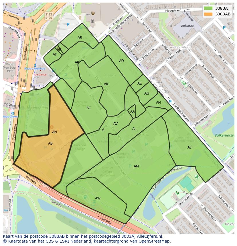 Afbeelding van het postcodegebied 3083 AB op de kaart.
