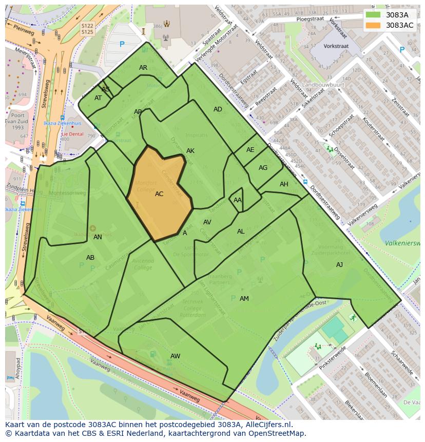 Afbeelding van het postcodegebied 3083 AC op de kaart.
