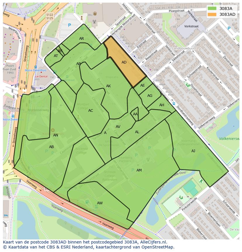 Afbeelding van het postcodegebied 3083 AD op de kaart.