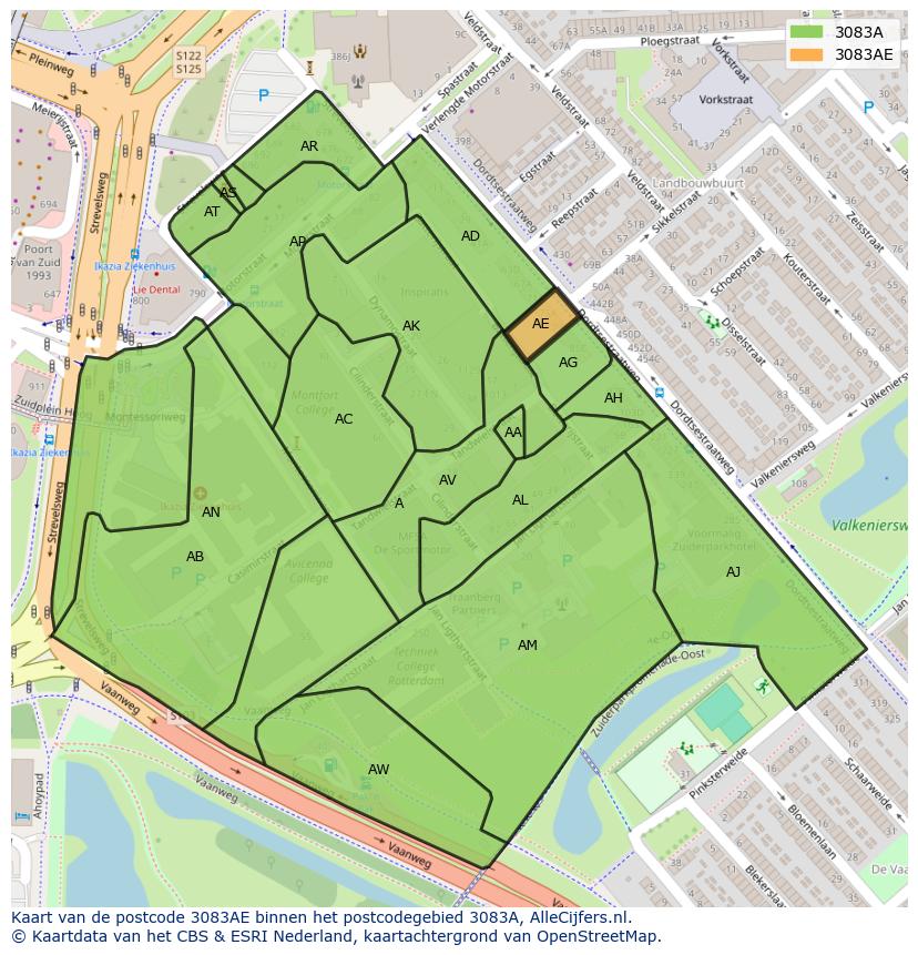 Afbeelding van het postcodegebied 3083 AE op de kaart.