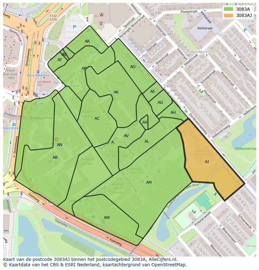 Afbeelding van het postcodegebied 3083 AJ op de kaart.