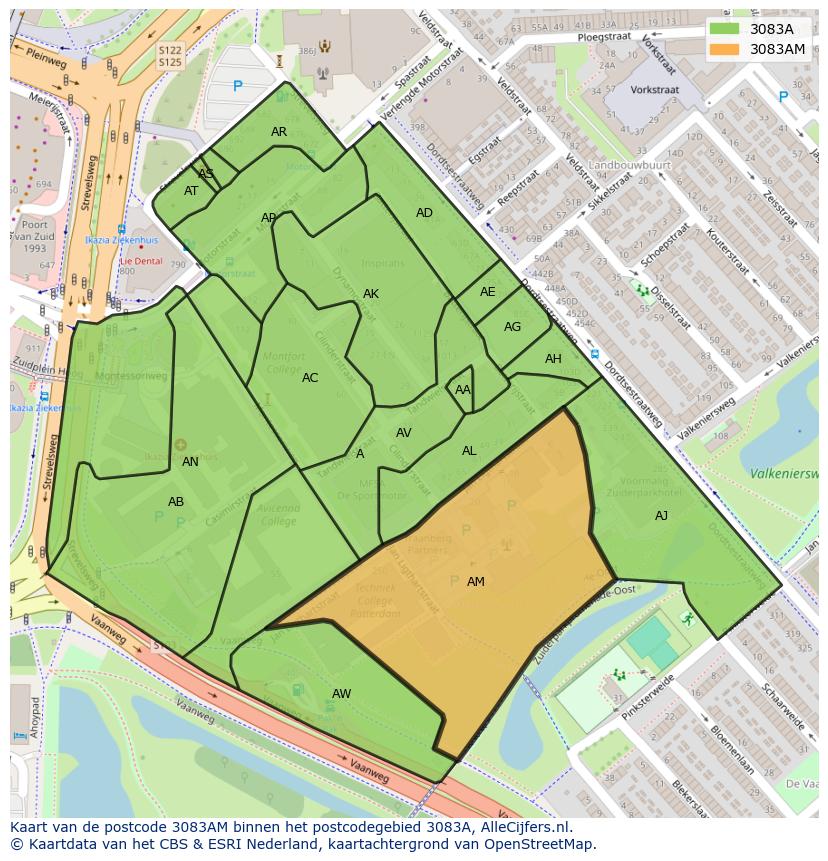 Afbeelding van het postcodegebied 3083 AM op de kaart.