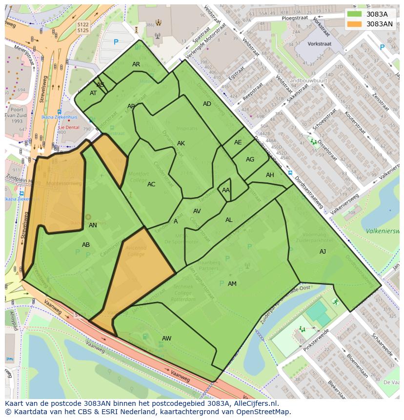Afbeelding van het postcodegebied 3083 AN op de kaart.