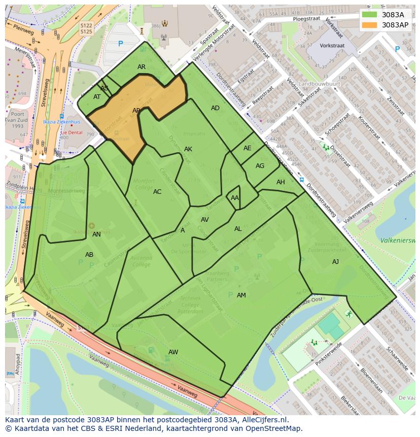 Afbeelding van het postcodegebied 3083 AP op de kaart.