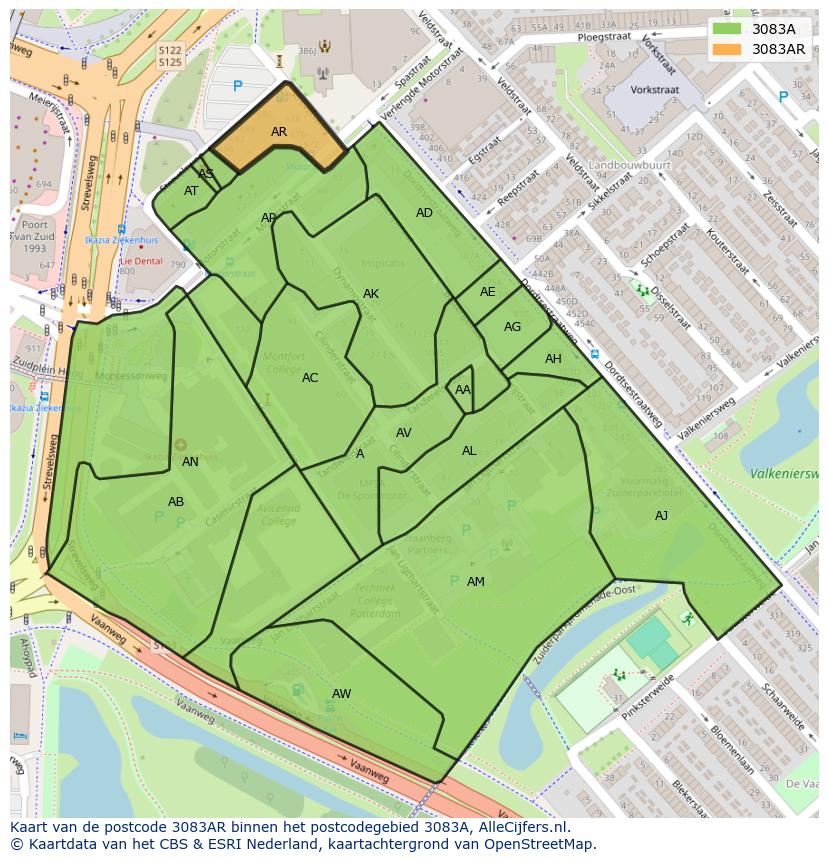 Afbeelding van het postcodegebied 3083 AR op de kaart.
