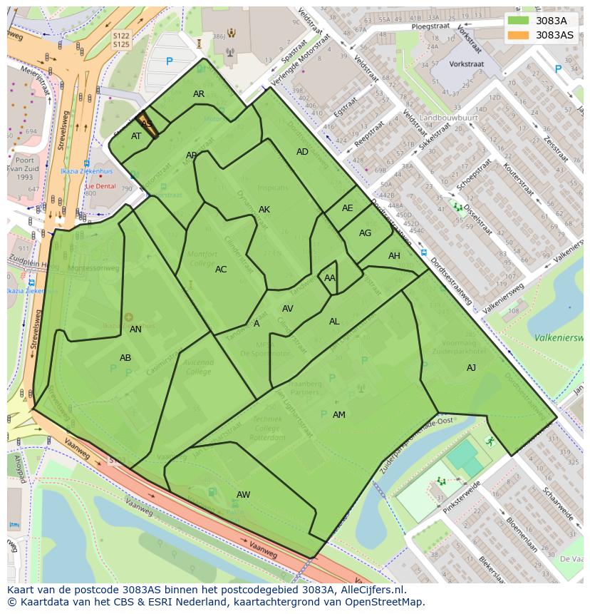 Afbeelding van het postcodegebied 3083 AS op de kaart.