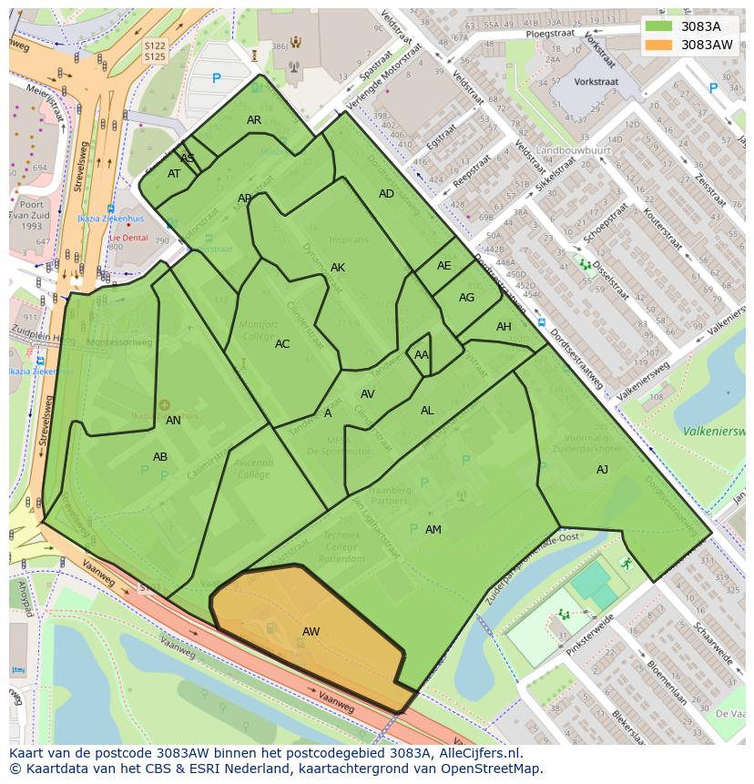 Afbeelding van het postcodegebied 3083 AW op de kaart.