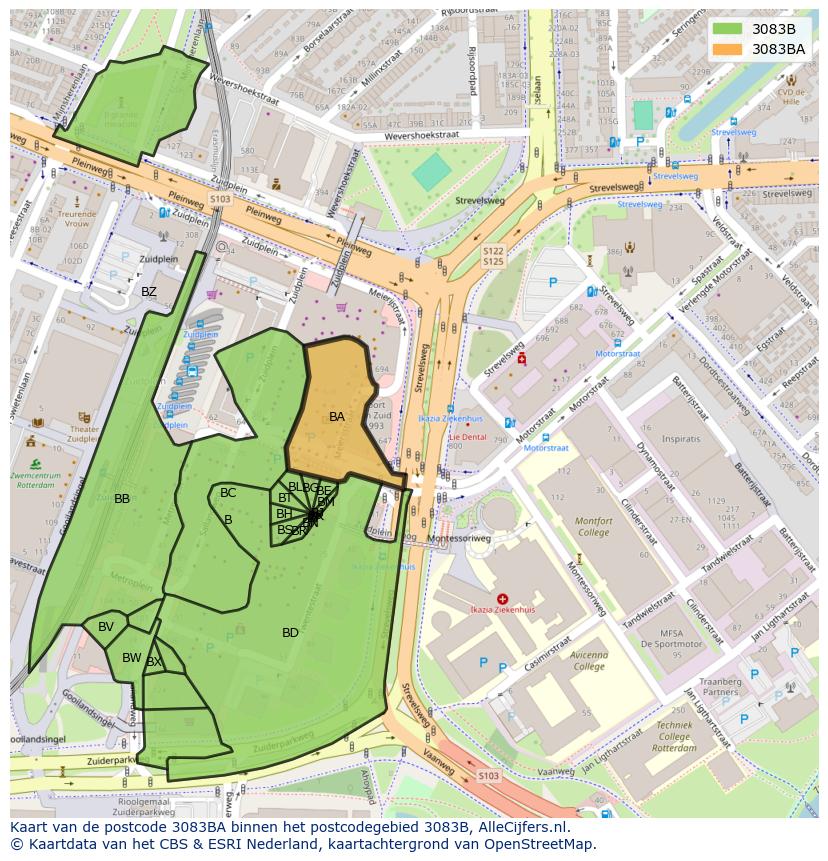 Afbeelding van het postcodegebied 3083 BA op de kaart.