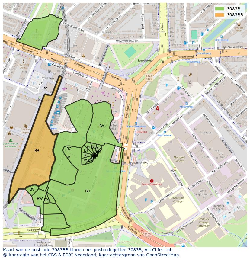 Afbeelding van het postcodegebied 3083 BB op de kaart.
