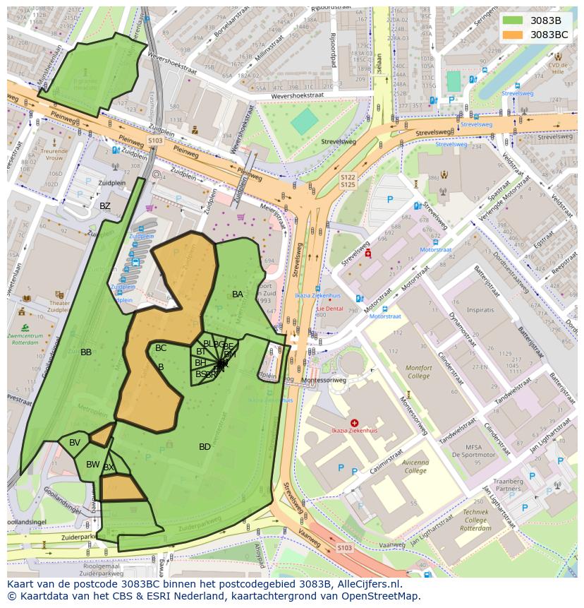 Afbeelding van het postcodegebied 3083 BC op de kaart.
