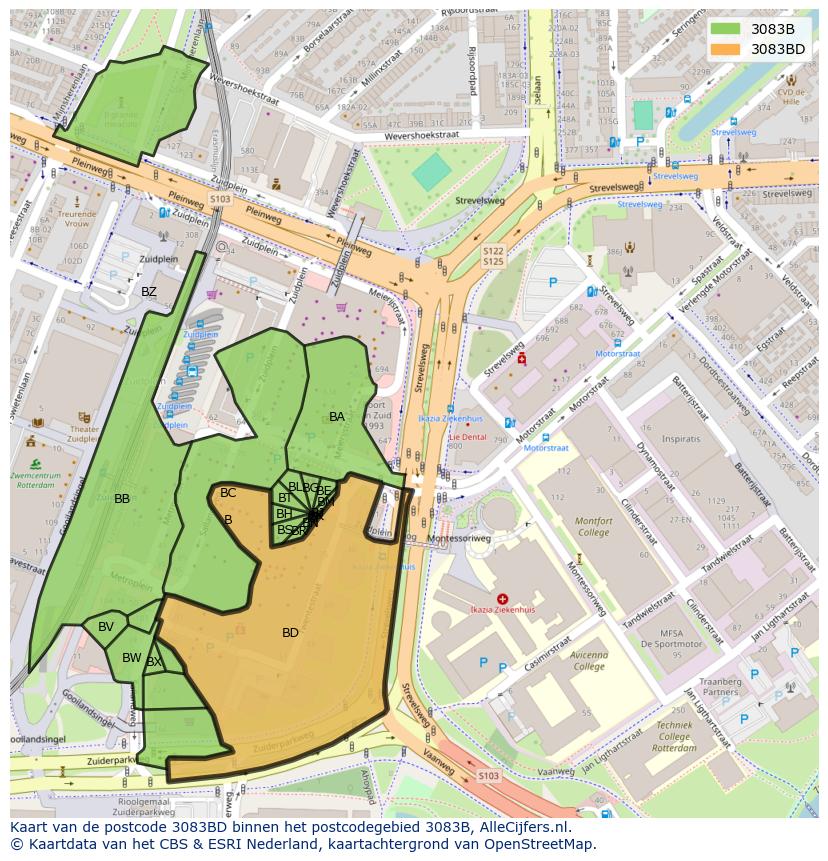 Afbeelding van het postcodegebied 3083 BD op de kaart.