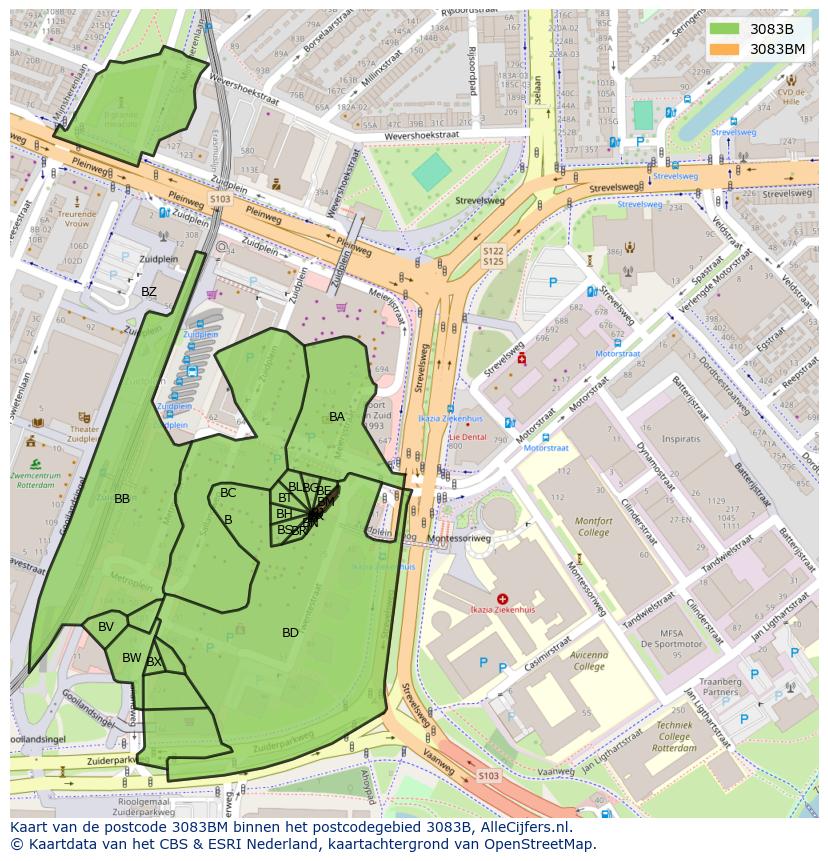 Afbeelding van het postcodegebied 3083 BM op de kaart.