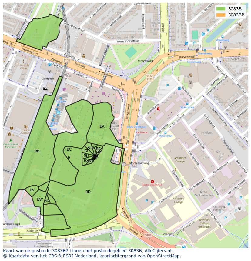 Afbeelding van het postcodegebied 3083 BP op de kaart.