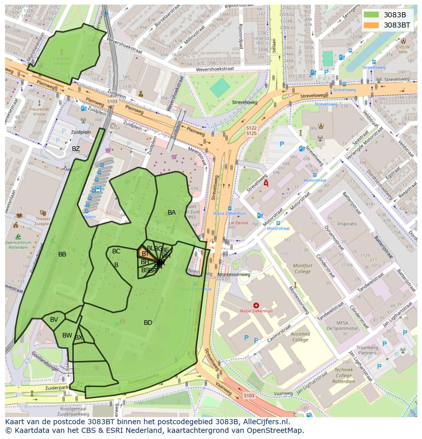 Afbeelding van het postcodegebied 3083 BT op de kaart.