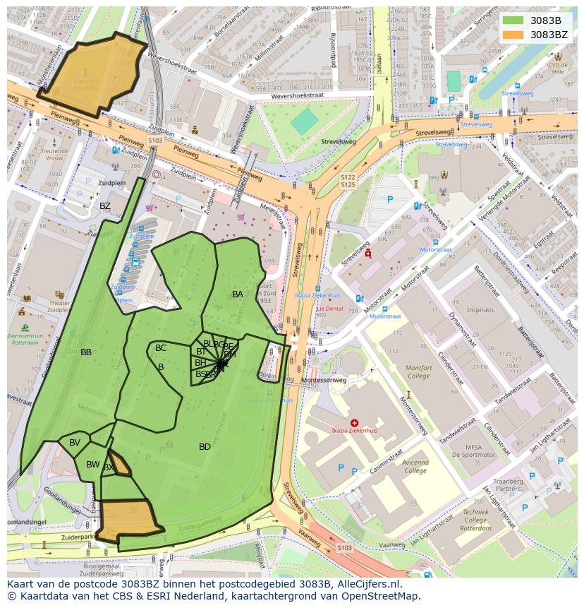 Afbeelding van het postcodegebied 3083 BZ op de kaart.