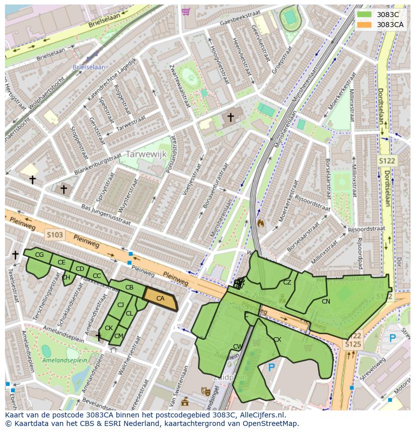 Afbeelding van het postcodegebied 3083 CA op de kaart.