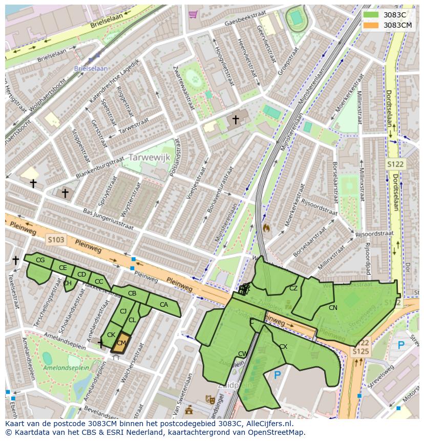 Afbeelding van het postcodegebied 3083 CM op de kaart.