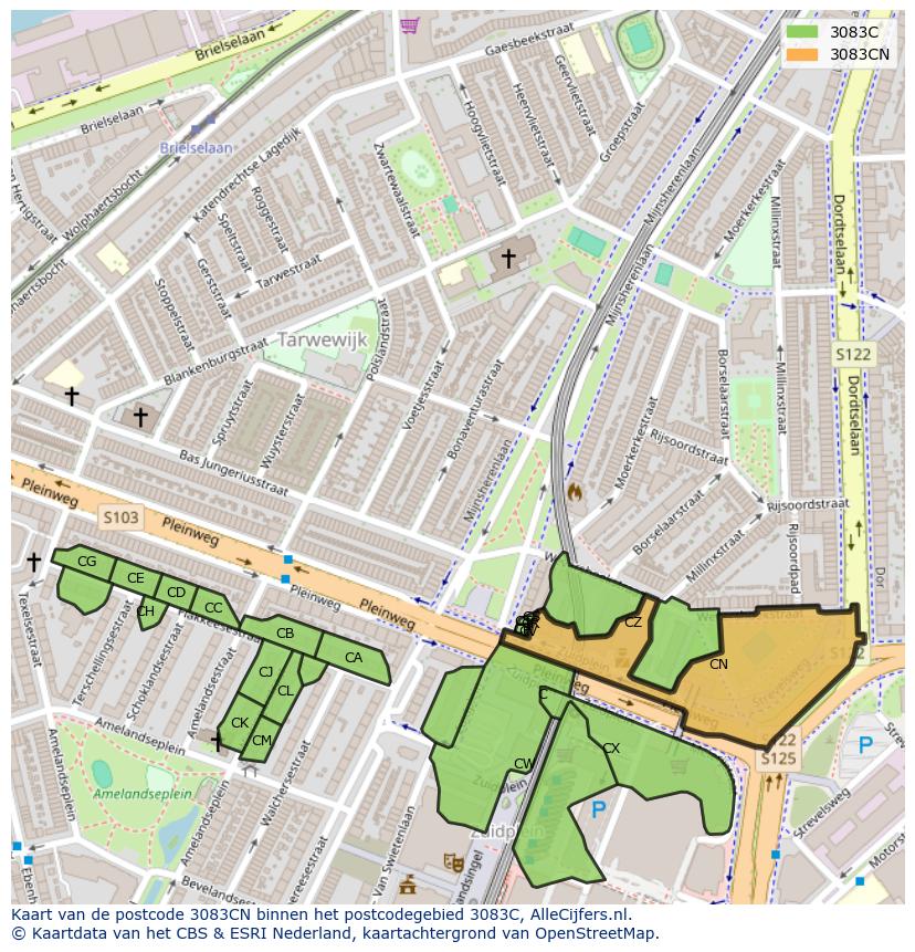 Afbeelding van het postcodegebied 3083 CN op de kaart.