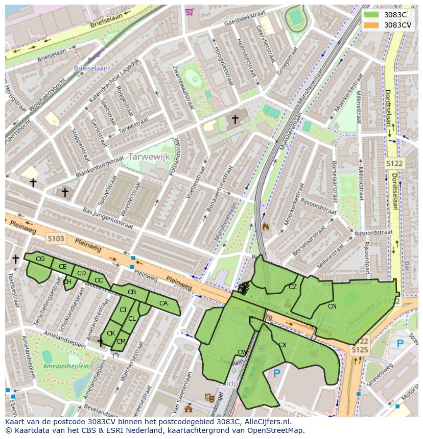 Afbeelding van het postcodegebied 3083 CV op de kaart.