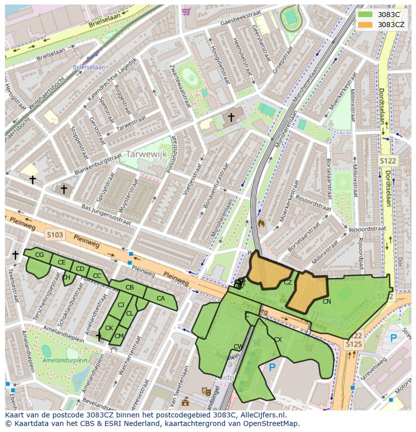 Afbeelding van het postcodegebied 3083 CZ op de kaart.