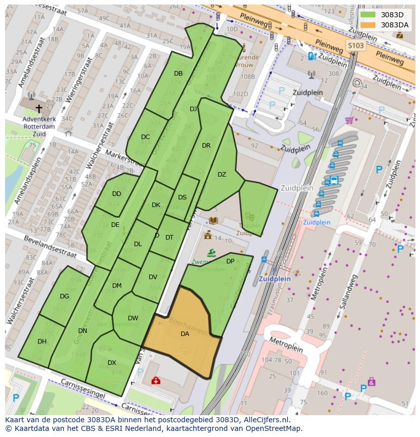 Afbeelding van het postcodegebied 3083 DA op de kaart.
