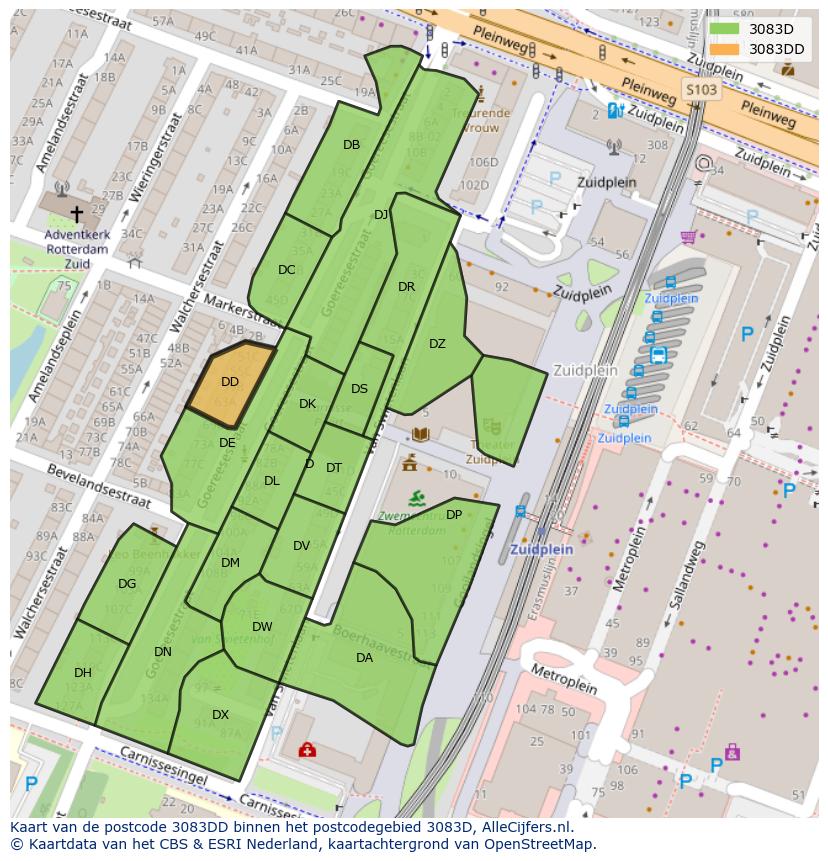 Afbeelding van het postcodegebied 3083 DD op de kaart.