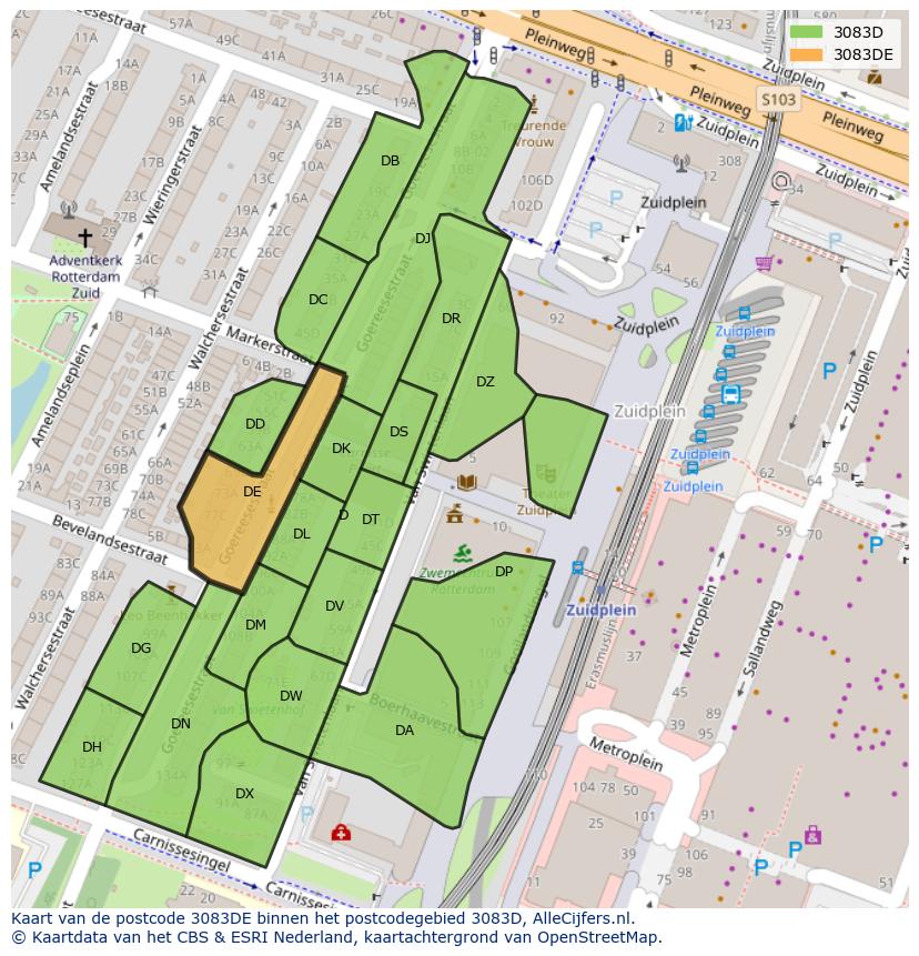 Afbeelding van het postcodegebied 3083 DE op de kaart.