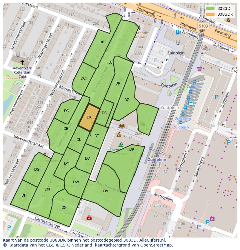 Afbeelding van het postcodegebied 3083 DK op de kaart.