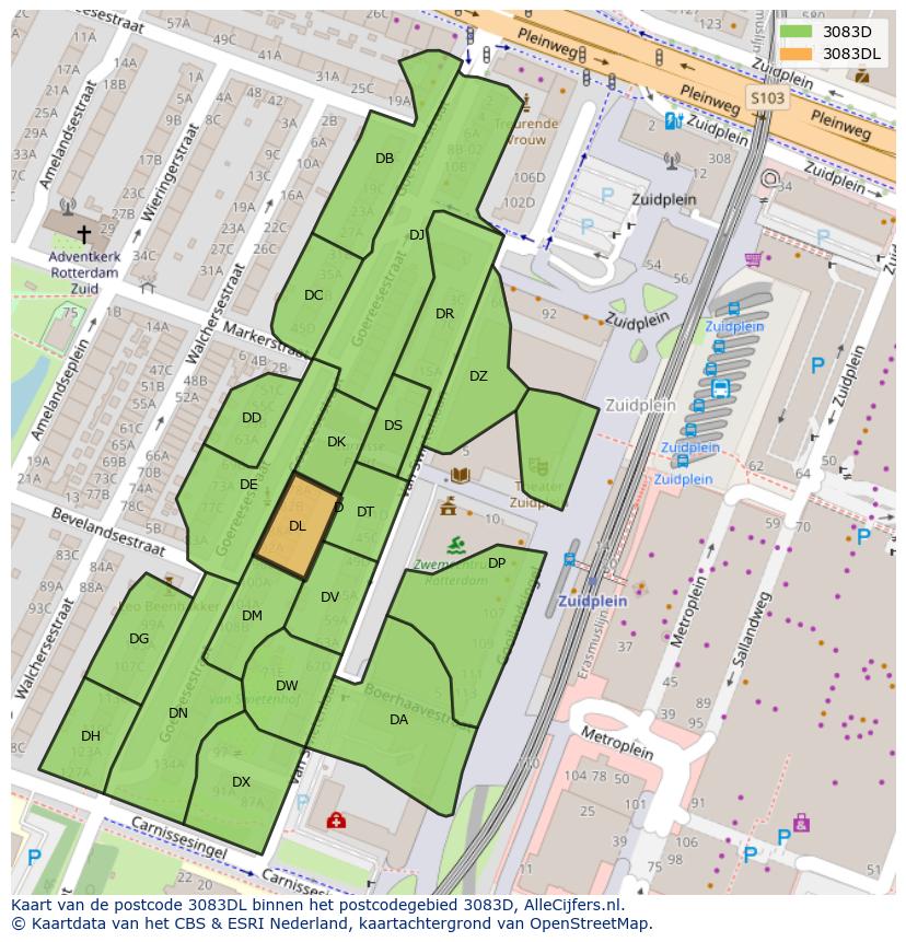 Afbeelding van het postcodegebied 3083 DL op de kaart.