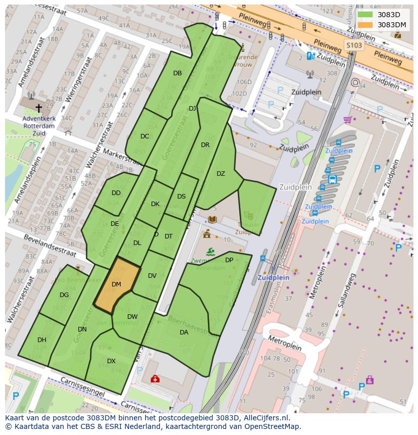 Afbeelding van het postcodegebied 3083 DM op de kaart.