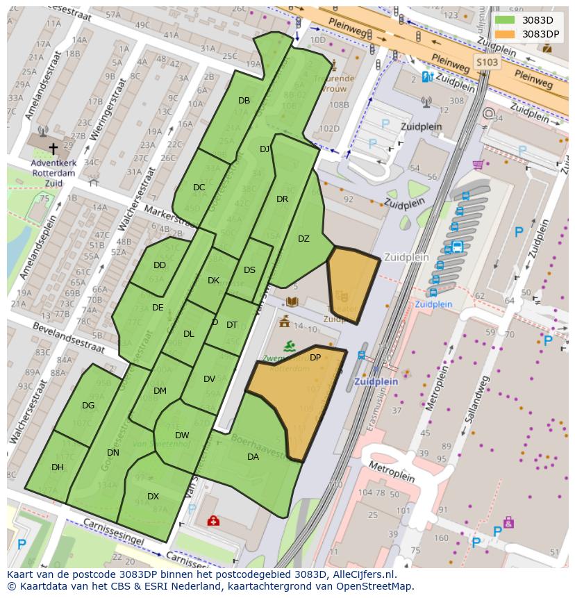 Afbeelding van het postcodegebied 3083 DP op de kaart.