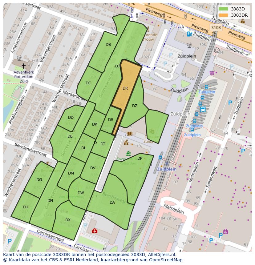 Afbeelding van het postcodegebied 3083 DR op de kaart.