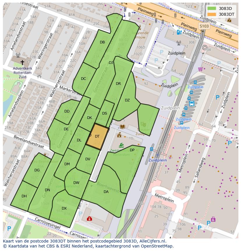 Afbeelding van het postcodegebied 3083 DT op de kaart.