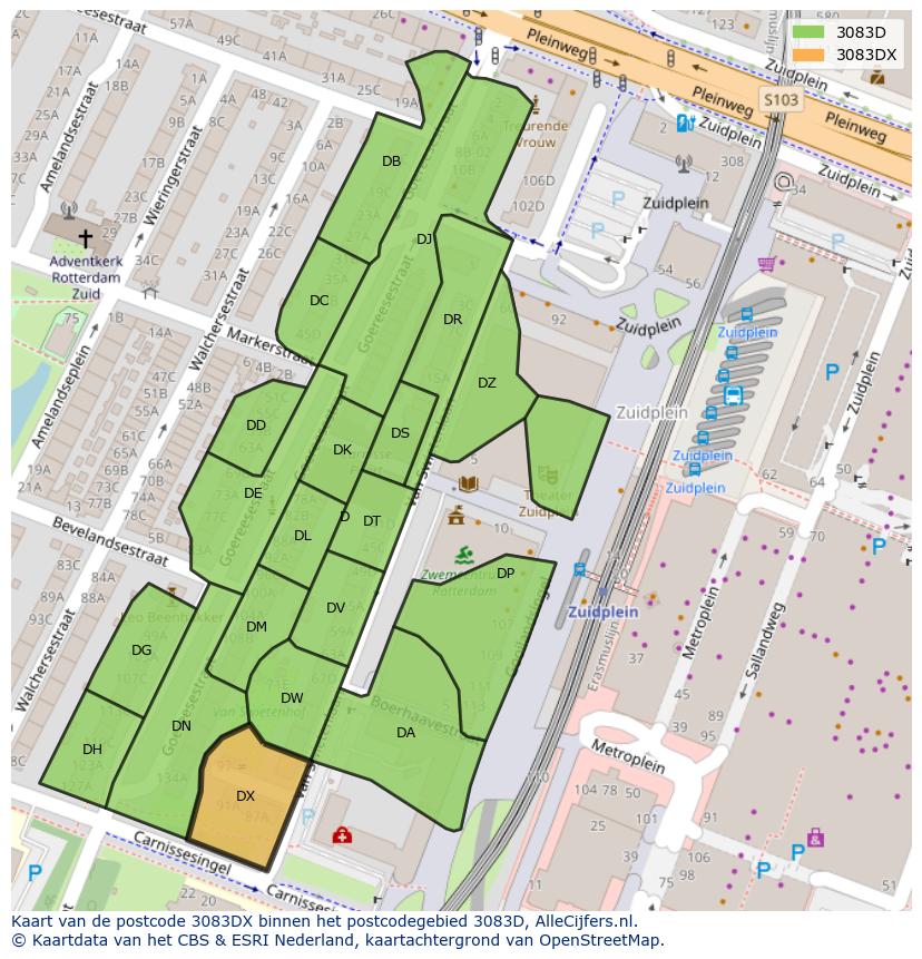 Afbeelding van het postcodegebied 3083 DX op de kaart.