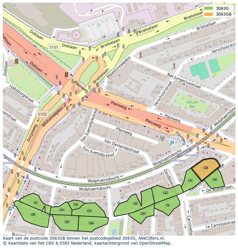 Afbeelding van het postcodegebied 3083 GB op de kaart.