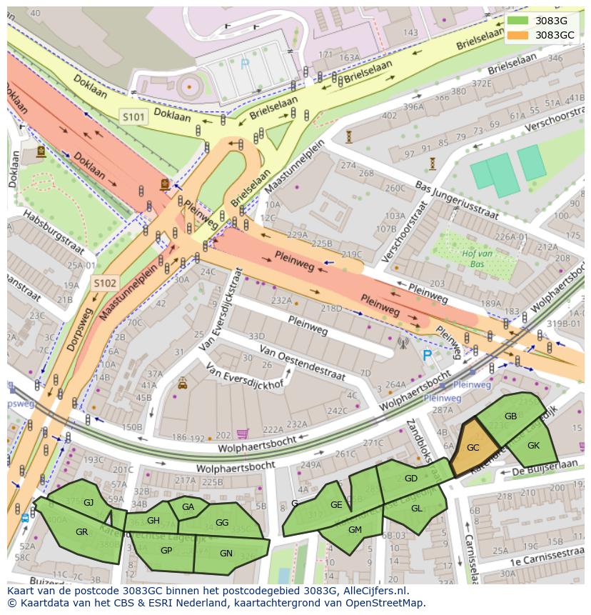 Afbeelding van het postcodegebied 3083 GC op de kaart.