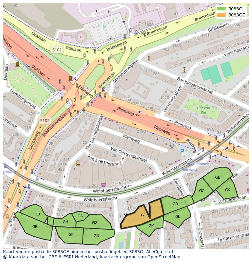Afbeelding van het postcodegebied 3083 GE op de kaart.