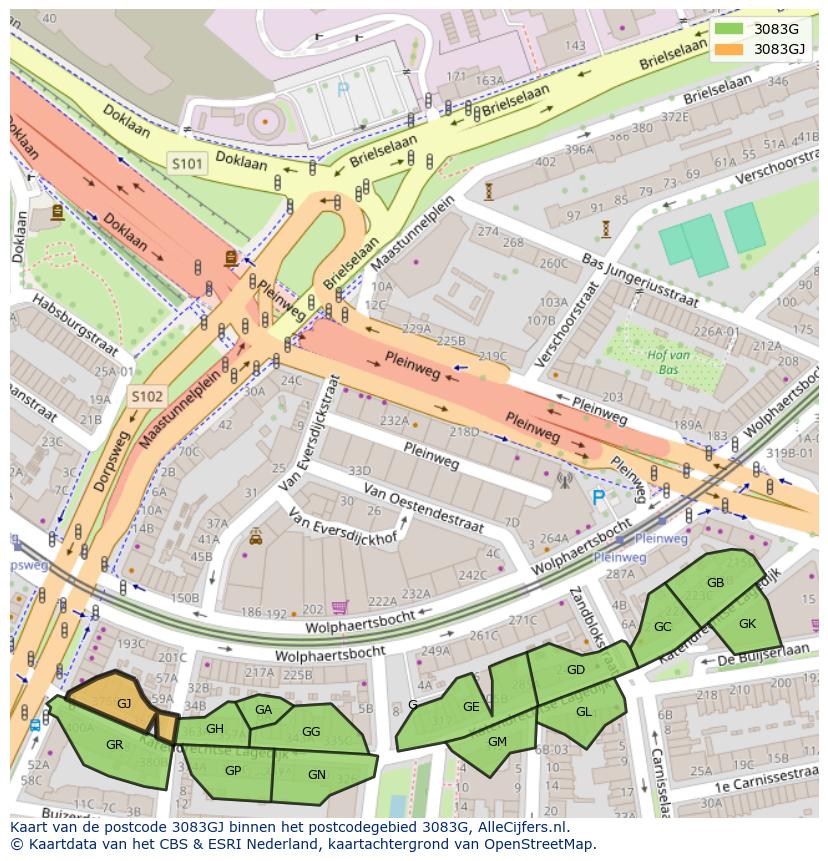 Afbeelding van het postcodegebied 3083 GJ op de kaart.