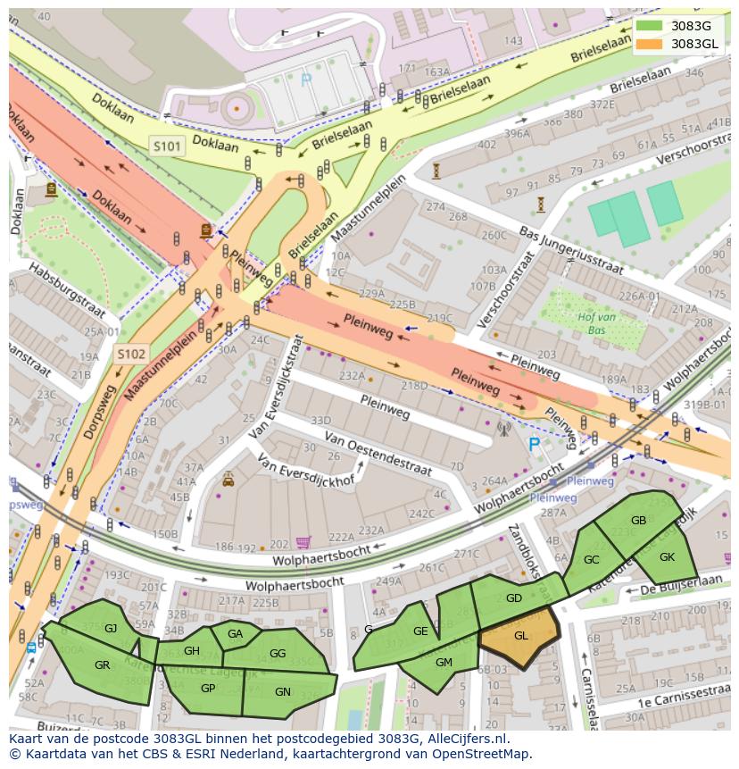 Afbeelding van het postcodegebied 3083 GL op de kaart.