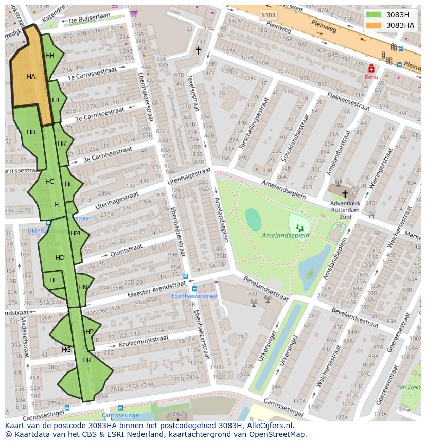 Afbeelding van het postcodegebied 3083 HA op de kaart.