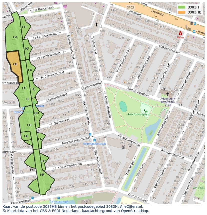 Afbeelding van het postcodegebied 3083 HB op de kaart.