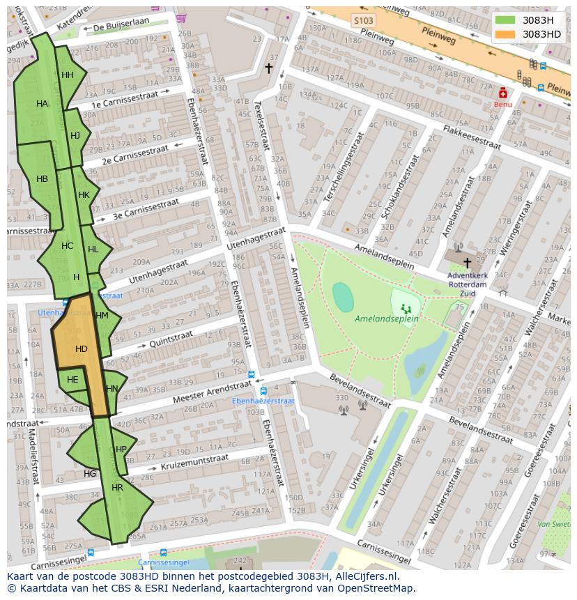 Afbeelding van het postcodegebied 3083 HD op de kaart.