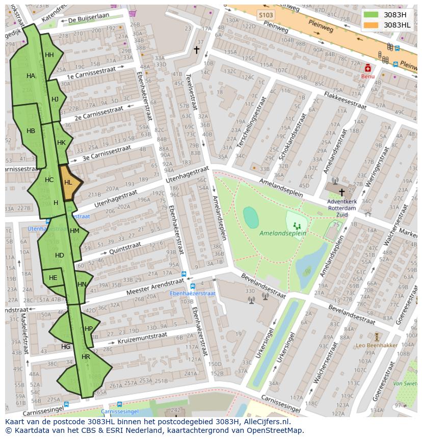 Afbeelding van het postcodegebied 3083 HL op de kaart.