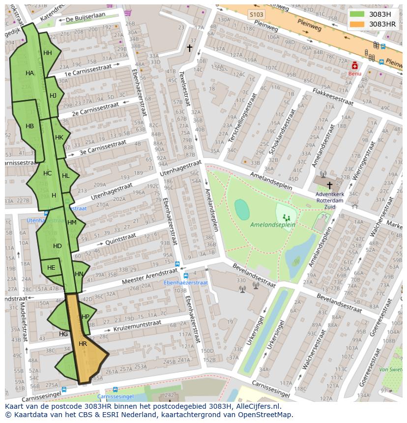 Afbeelding van het postcodegebied 3083 HR op de kaart.